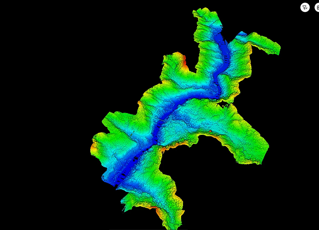 Elevation-classified LiDAR point cloud of the same valley
