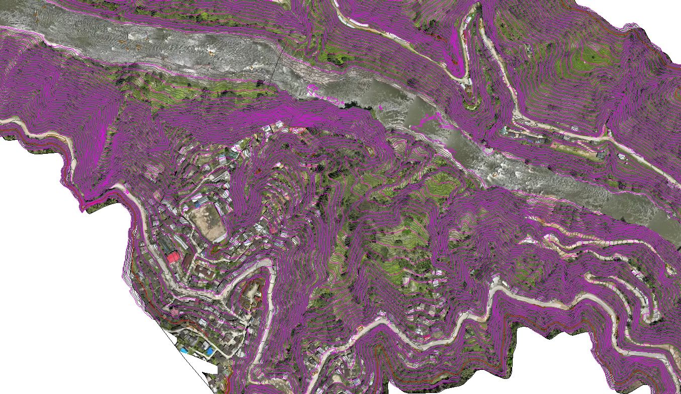 Orthomosaic with contour overlay of a Himalayan village and river
